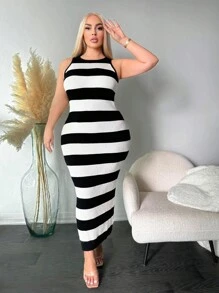 SHEIN SXY Plus Size Black And White Contrast Color Bodycon Sweater Dress - Black and White - View 4