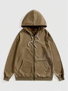 ROMWE MEN Academia Hoodie Jacket With Letter Print, Long Sleeve Zip-Up Sweatshirt - Brown - View 2