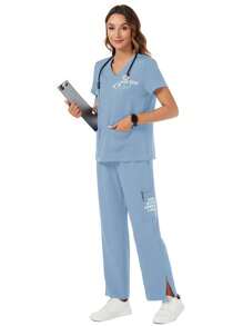 TaskEZ Women's Letter Print V-Neck Short Sleeve Pocket Top And Drawstring Waist Pants Casual Uniform Scrub Set