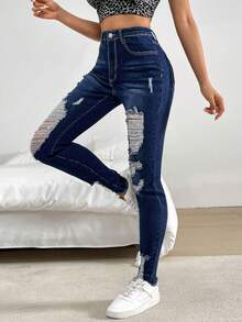 SHEIN Essnce Quần Jeans Skinny Jeans Xanh Denim Cho Nữ - Rửa tối - Xem 5