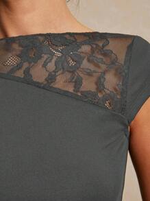 Poéselle 女士夏季修身不对称蕾丝短袖 T 恤，下摆拼接飘逸设计，T 恤。 - 深灰色 - 查看 5