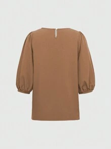 INAWLY 女士纯色圆领中袖休闲衬衫、七分袖上衣 - 黃色 - 查看 2