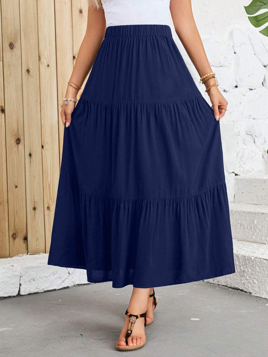 EMERY ROSE Women's Plain Ruched Simple A-Line Skirt, Casual Everyday Wear - Navy Blue - View 1