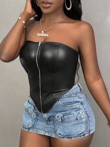 Slaydiva 女士Y2K拉链PU皮革胸衣上衣 - 黑色 - 查看 4