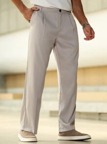 Manfinity Mode 男士纯色褶皱宽松直筒通勤长裤 - 米色 - 查看 1