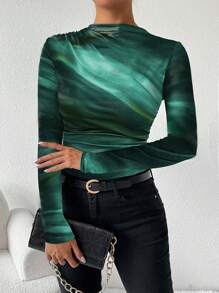 Chiquease Camiseta de manga larga con estampado de teñido anudado asimétrico y fruncido para mujer, blusas para mujer de primavera y otoño - Verde - Ver 5