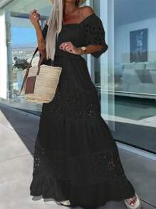 SHEIN LUNE Jumpsuit Wanita Musim Panas Polos Leher Persegi Lengan Pendek Mengembang Bordir Kaki Lebar Longgar Elegan - Hitam - View 3