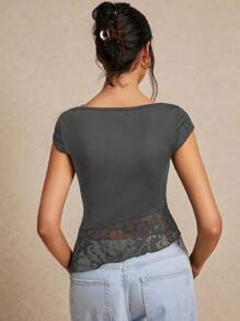 Poéselle 女士夏季修身不对称蕾丝短袖 T 恤，下摆拼接飘逸设计，T 恤。 - 深灰色 - 查看 7
