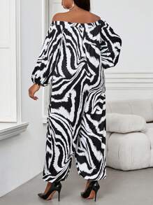 SHEIN Lady Autumn Women Jumpsuits,White Bishop Sleeve Off Shoulder Pants Halloween Costumes Plus,Girlism Casual Night Out Club Party Black Jumpsuit With Pocket - Black and White - View 2