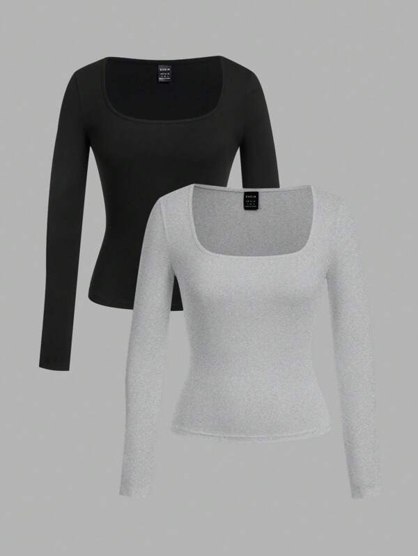 SHEIN EZwear 2 Stücke Damen Set aus eng anliegendem Langarm T-Shirt mit Quadratausschnitt, geeignet für Herbst & Winter