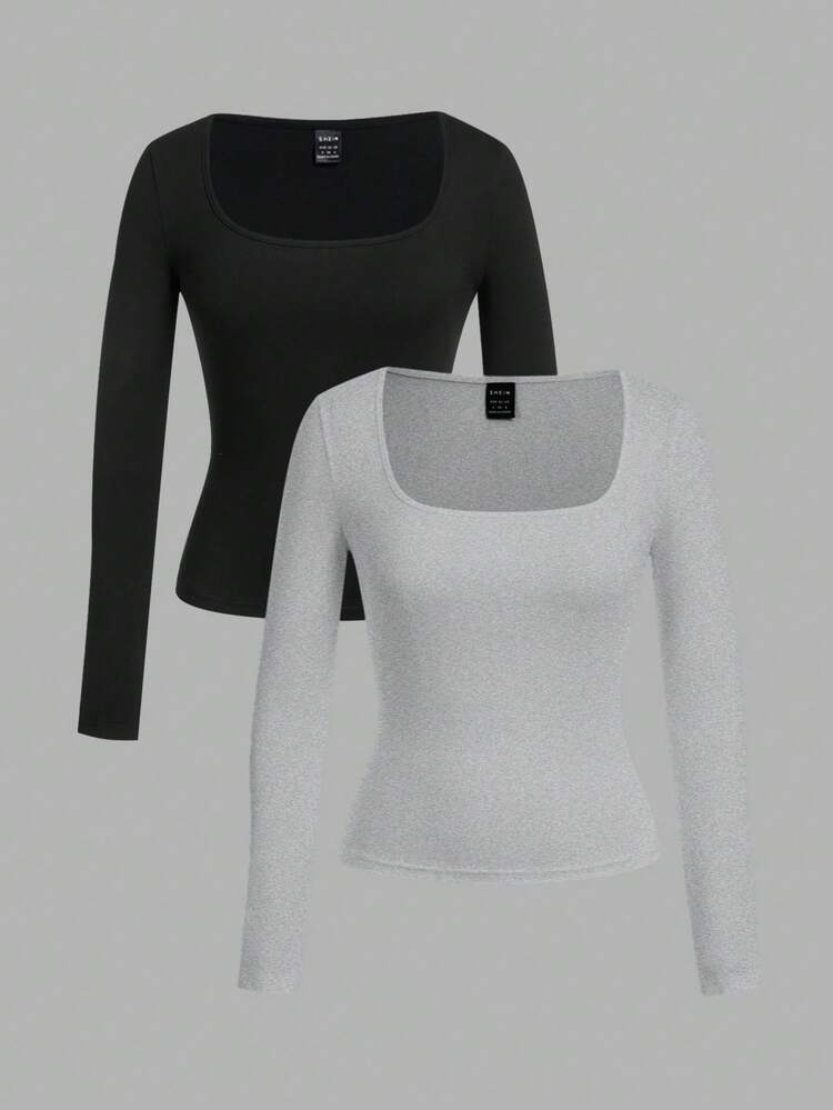 SHEIN EZwear 2 piezas Conjunto de camiseta de manga larga de cuello cuadrado con ajuste ceñido para mujer, adecuado para otoño e invierno - Multicolor - Añade 1