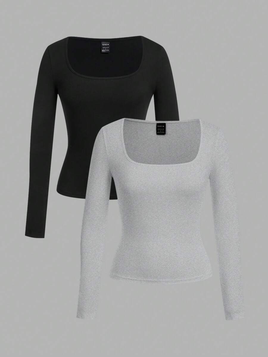 SHEIN EZwear 2 件女式方领修身长袖休闲 T 恤套装，适合秋冬季 - 彩色 - 查看 1