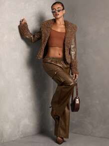 SHEIN BAE Women's Elastic Waist PU Leather Wide Leg Loose Fashion Pants - Brown - View 5