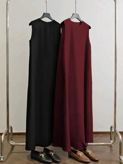 Al Najma 勃艮第红色女士纯色圆领无袖长款休闲阿拉伯连衣裙，休闲 2 件套，阿巴亚内衣裙，阿拉伯连衣裙，长款背心裙，基本款长裙