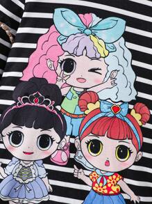 SHEIN Leap Crew Đầm cổ tròn họa tiết sọc đan dễ thương cho bé gái trẻ - Đen và trắng - Xem 3