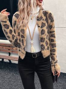 EMERY ROSE 豹纹提花开衫，秋冬 - 棕色 - 查看 3