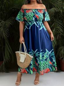 Breezaya Plus Size Off-The-Shoulder Short Sleeve Waist Slimming Floral Print Dress