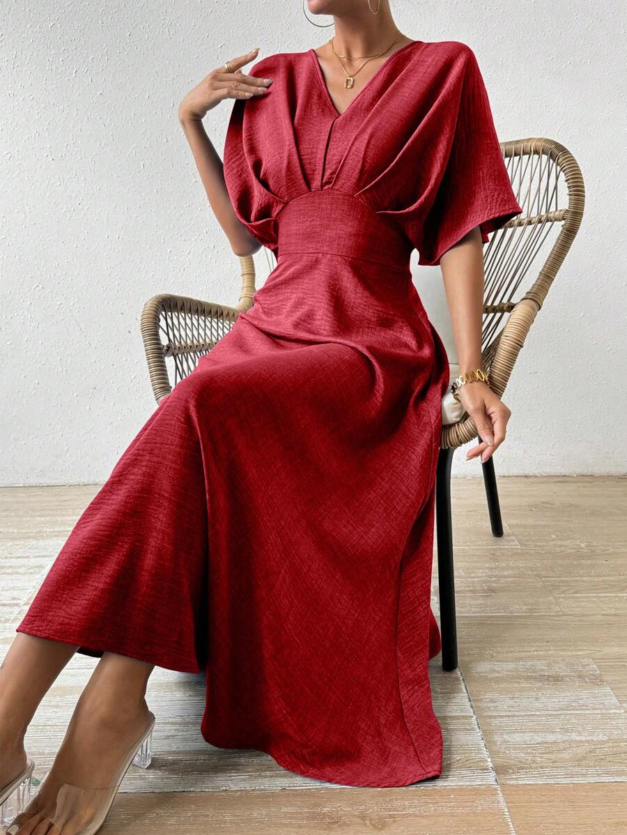 RosyDaze Women's Solid Color Pleated Batwing Sleeve Maxi V-Neck Elegant Vacation Dress Burgundy Color Women Outfit - Burgundy - View 1