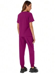 純色凹口V領短袖上衣和褲子護士制服套裝 - 中紫紅色 - 查看 2