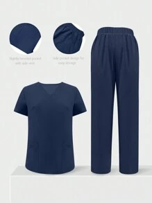 女性夏季純色V領護士制服套裝，包括T恤和褲子 - 藏蓝色 - 查看 7