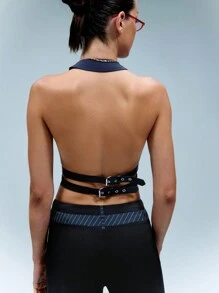 SHEIN Unity Double Back Belt Halter Neck Waistcoat - Blue - View 2