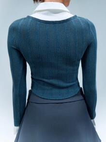 SHEIN Unity 女式春夏撞色罗纹长袖短款修身上衣 - 灰色 - 查看 2