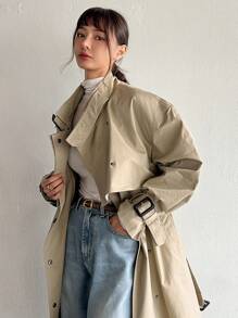 Dazy-Less Women's Casual Business Patchwork Trench Coat - Khaki - View 7