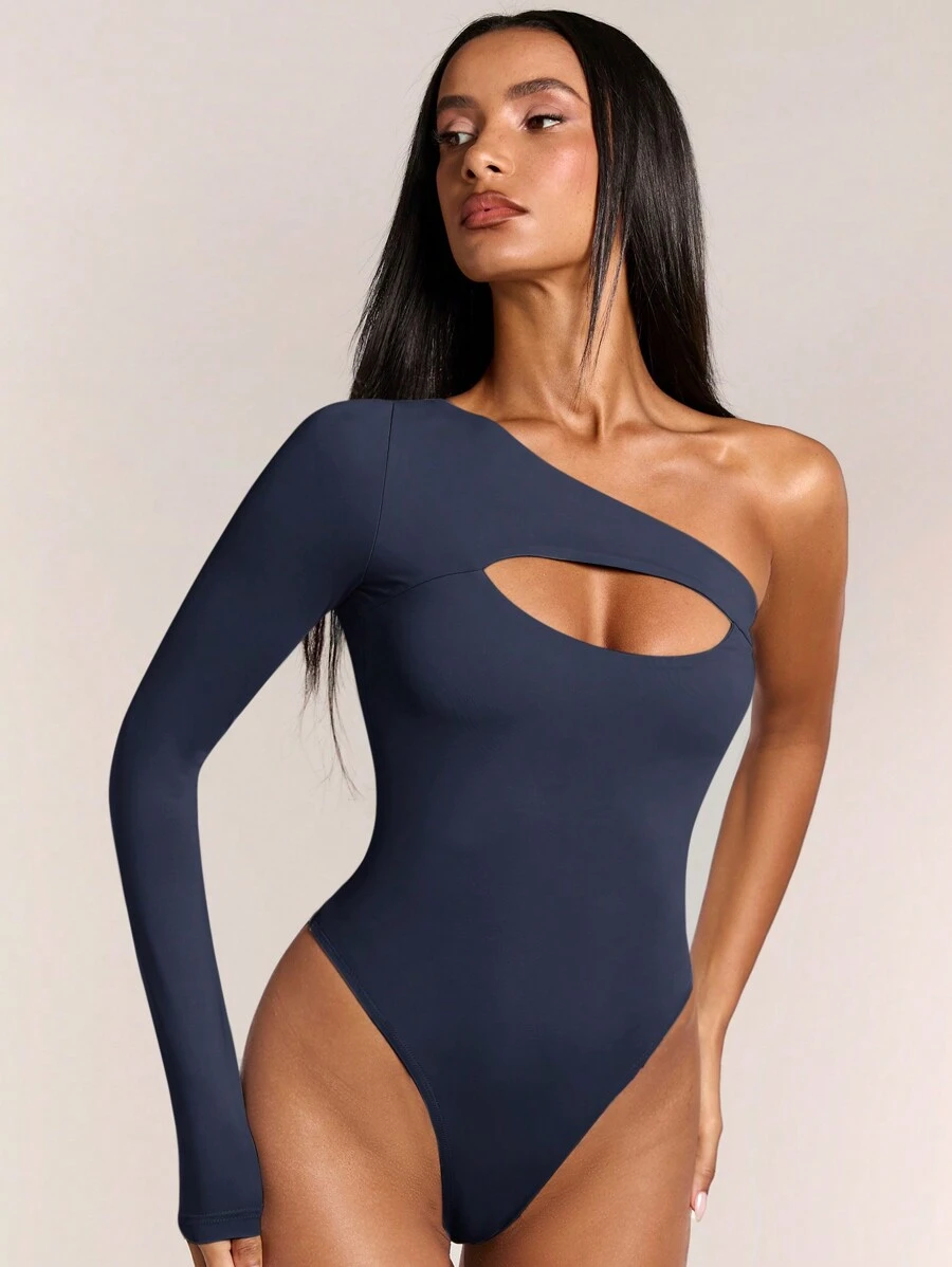 SHEIN BAE 女士露肩不对称紧身衣、连体泳衣、夏季服装 - 藏蓝色 - 查看 1