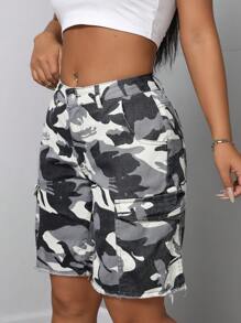 SHEIN SXY Camouflage denim shorts met knoopsluiting aan de voorkant, casual dagelijkse kleding