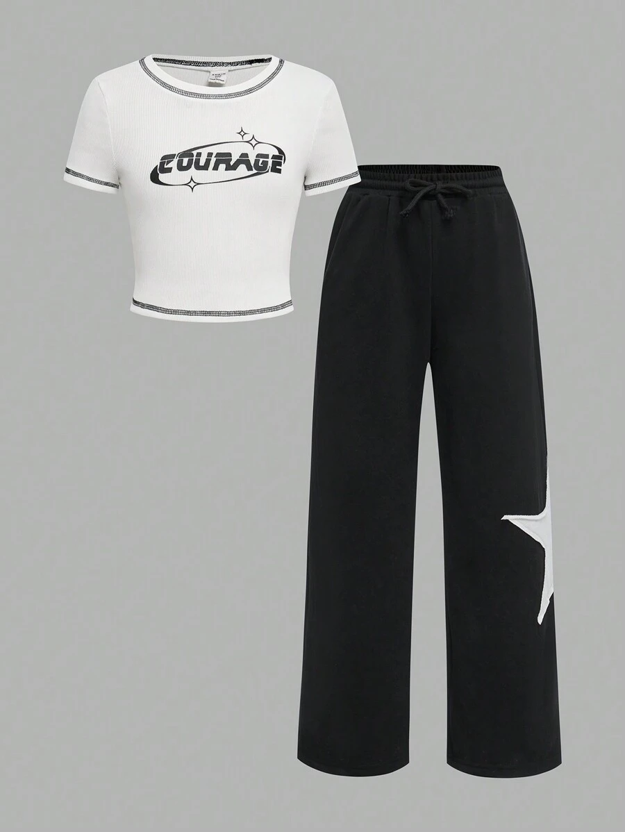 SHEIN Tween Girl  Casual Knit Crew Neck Short Sleeve Top And Straight Leg Pants Set - Black and White - View 1