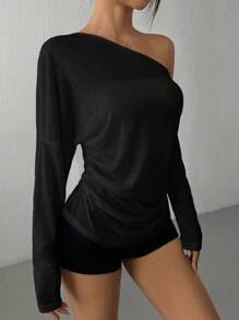 SHEIN EZwear Women's  Asymmetric Neck Long Sleeve Casual T-Shirt - Black - View 5