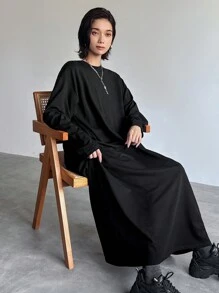 FRIFUL 女式宽松后背系带蝙蝠袖长袖连衣裙，春夏 - 黑色 - 查看 6