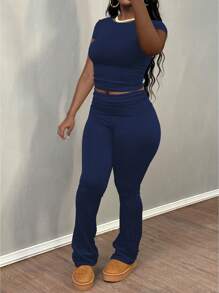 Women's Solid Color Casual Short Sleeve T-Shirt And Fold-Over Waist Long Pants Set - Navy Blue - View 5