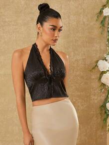 Hauture 女士豹纹提花撞色蕾丝无袖挂脖背心 - 彩色 - 查看 3