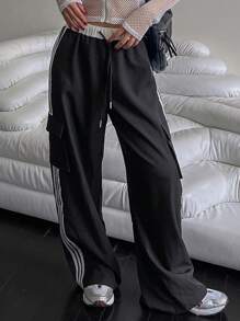DAZY Pantalones casuales anchos de carga con cordón, mujer, patchwork con contraste a rayas