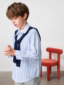 2pcs/Set Tween Boy Casual Striped Collared Button-Up Woven Shirt With Shawl, Long Sleeve