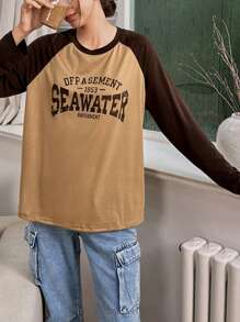 INAWLY Round Neck Color Block Letter Printed Long Sleeve T-Shirt Graphic Tees Women Tops For Spring Outfit - Multicolor - View 4