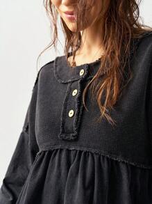 Bohemela 超大度假针织落肩圆领不对称下摆水洗女式 T 恤