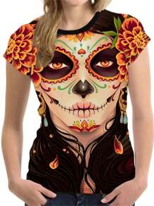 SHEIN LUNE Catrina 花卉脸亡灵节万圣节女士 T 恤 - 彩色 - 查看 1