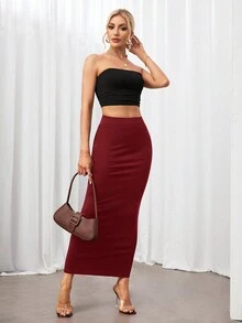 SHEIN Tall 纯色铅笔黑色修身半身裙 - 酒紅色 - 查看 3