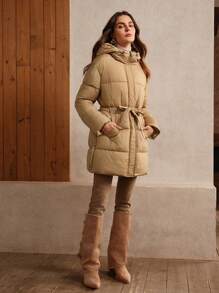Anewsta Women's Elegant Solid Color Long Padded Coat, Fall/Winter - Khaki - View 6