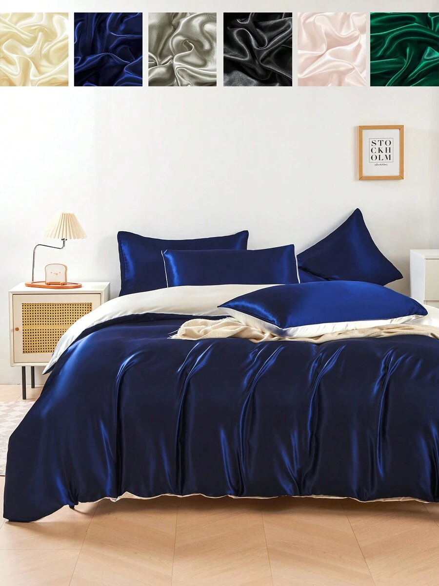 Bộ chăn ga gối đệm bằng vải satin lụa hai tông màu xanh navy trắng cao cấp 3 món, mềm mại, thoáng khí, không nhăn, tốt hơn cho giấc ngủ, phong cách khách sạn sang trọng, quà tặng cho bạn bè bố mẹ, chăn bông kèm vỏ chăn * 1 vỏ gối * 2 - Màu xanh hải quân - Xem 1