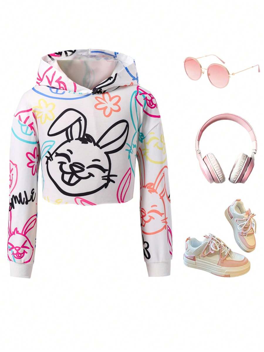 SHEIN Tween Girl Rabbit & Letter Print Crop Hoodie, Spring/Autumn, Sweatshirt - Orange - View 1