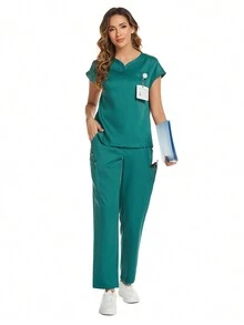 Áo thun tay ngắn cổ khoét màu trơn có quần có túi Bộ đồng phục y tá mùa hè - màu xanh lá - Xem 6