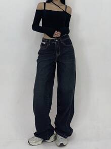 DAZY 女士休闲洗水直筒宽松牛仔裤 - 藍色 - 查看 5