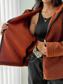 SHEIN Unity Women's Casual Loose Fuzzy Long Jacket Fall Cloth For Women - Brown - View 6