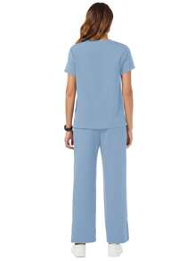 TaskEZ Women's Letter Print V-Neck Short Sleeve Pocket Top And Drawstring Waist Pants Casual Uniform Scrub Set