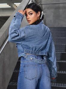 SHEIN EZwear Áo khoác denim giản dị tay dài thả vai mùa xuân/thu cho nữ - Rửa trung bình - Xem 2