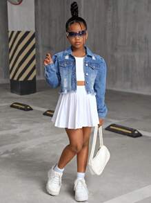 SHEIN Tween Girls Fall Winter Fashion Stand Collar Lantern Puff Sleeve Ripped Crop Denim Jacket With Raw Hem - Medium Wash - View 3