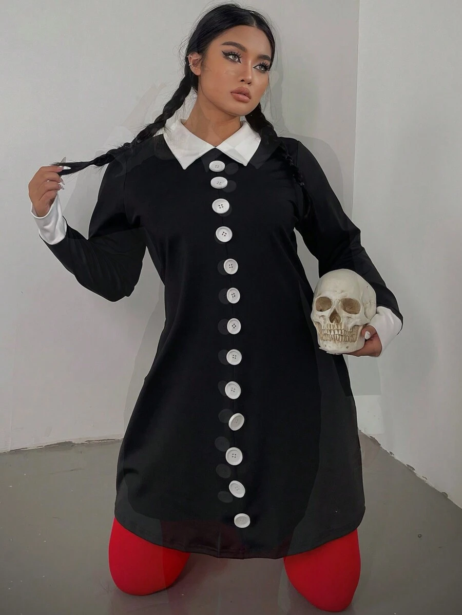 Flirla Plus Size Dark Halloween Wednesday Dress - Black - View 1
